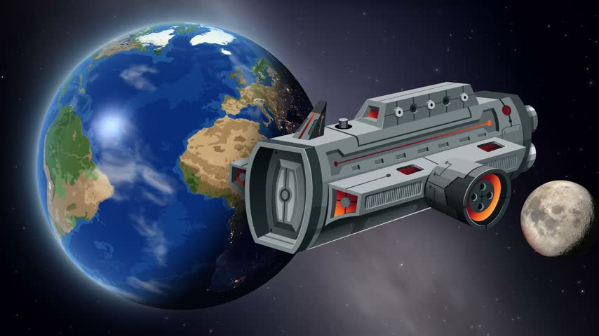 Stylized 3D spaceship floats in orbit above a rotating Earth against a starry background.