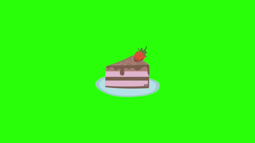 This video features a repeating animation of three identical strawberry topped chocolate cake slices resting on small plates, displayed against a flat green screen