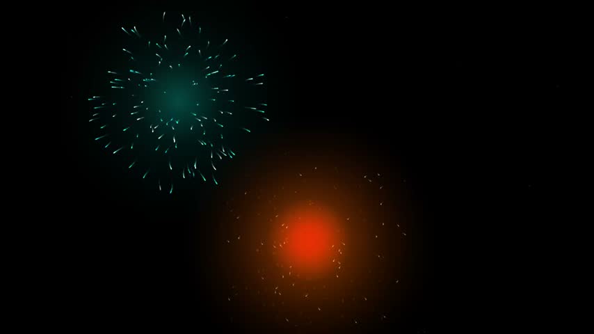 A vibrant display featuring a blue firework burst and a glowing orange firework explosion set against a dark black night sky background.
