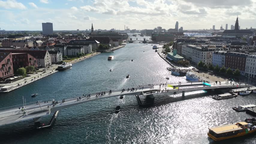 Aerial view of Inderhavnsbroen, the Inner Harbour Bridge, crossing Copenhagen