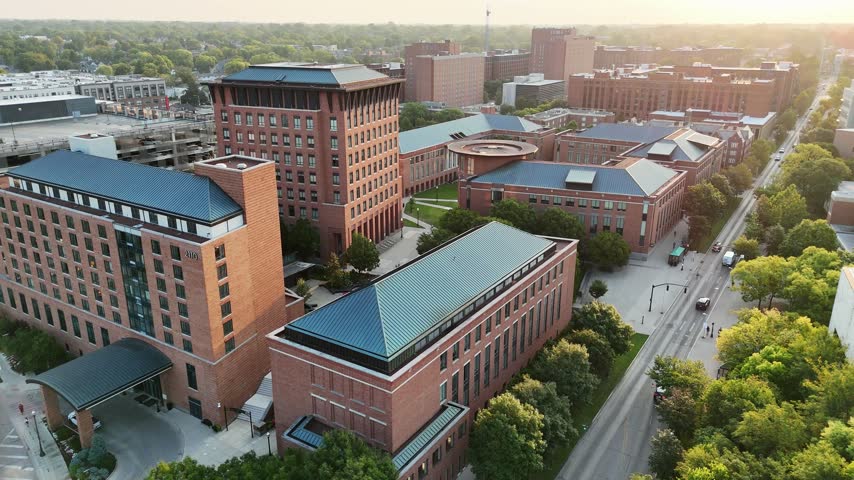 Drone shot of the Fisher College of Business at the Ohio State University in Columbus, Ohio