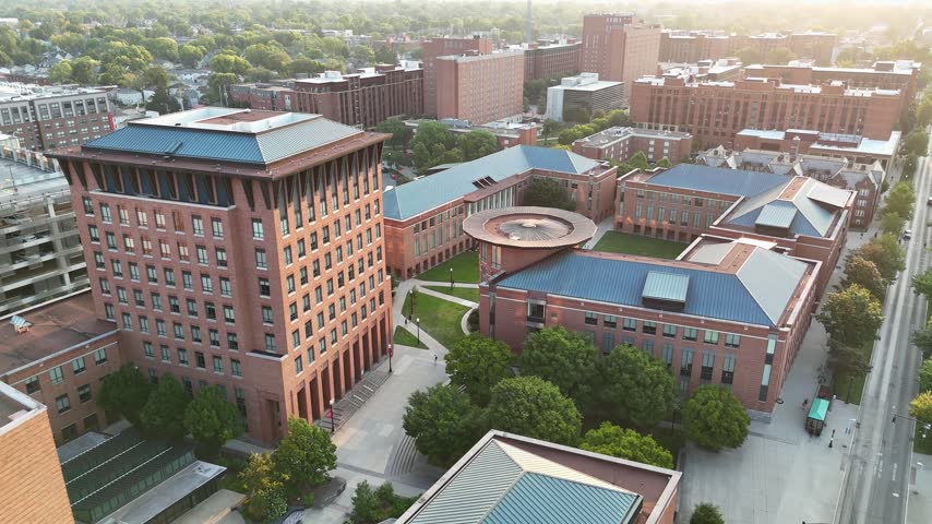 Drone shot of the Fisher College of Business at the Ohio State University in Columbus, Ohio