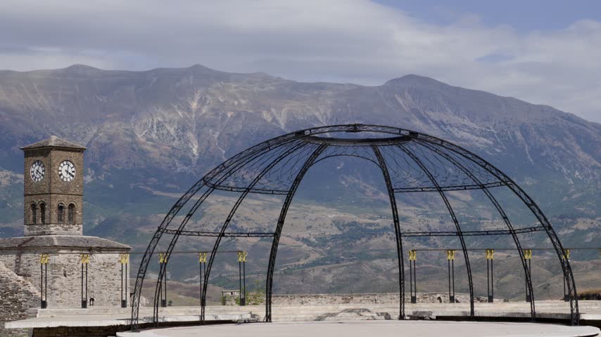 Festival stage and clock tower inside Gjirokastër Castle in southern Albania