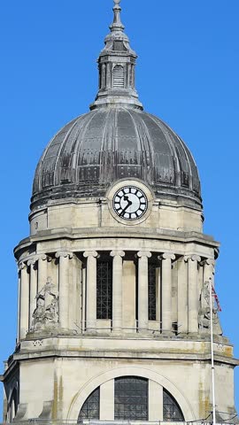 Close-up view of the Nottingham Council House Dome and Nottingham Council House Clock. Nottingham City Council is located in Old Market Square at the heart of Nottingham city centre, Nottinghamshire.