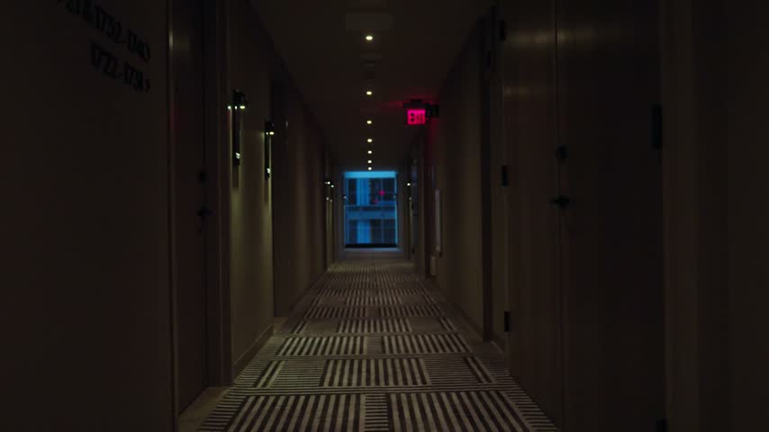Dimly lit modern hotel hallway with patterned carpet and exit sign in Los Angeles California