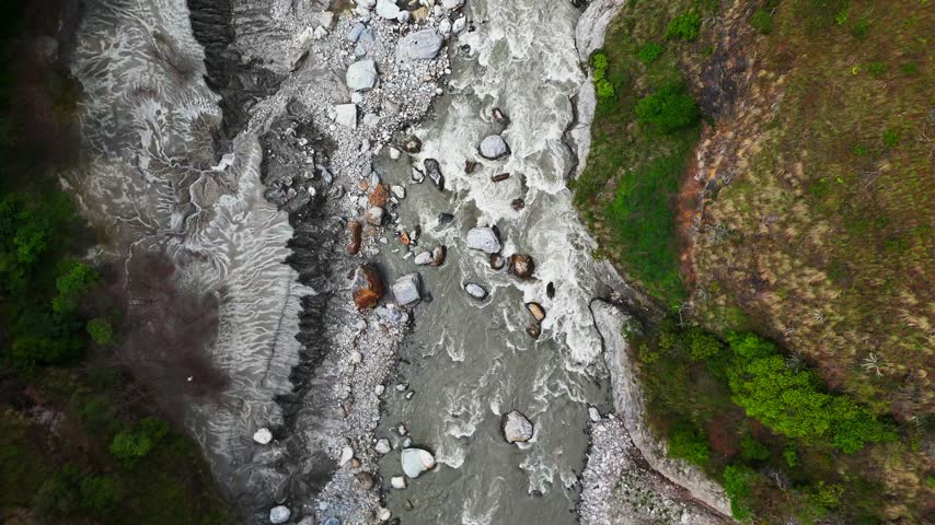 Top down drone shot above Trishuli River in Langtang National Park, Nepal