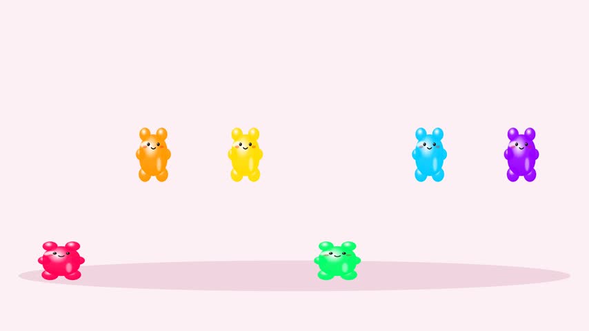 Gummy Motions Colorful Gummy Bear Candy Characters Bouncing on Pink Background