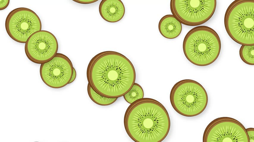 Graphic animation of green kiwi slices falling and rotating over a clean white background.
