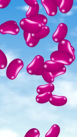 Pink jelly bean candies fall through a bright blue sky with soft white clouds.