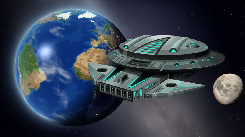 A detailed 3D spaceship floats in orbit above a rotating Earth against a starry background.