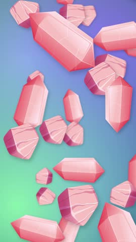 Stylized pink quartz crystals fall through a vertical frame against a soft blue-green gradient.