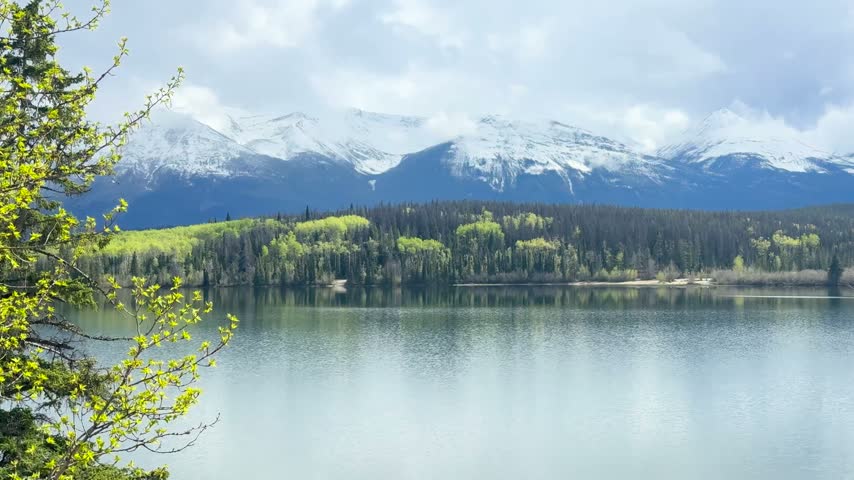 Handheld shot of a serene lake reflecting snow-capped mountains and a forested shoreline under a cloudy sky, capturing the untouched beauty of Jasper National Park.