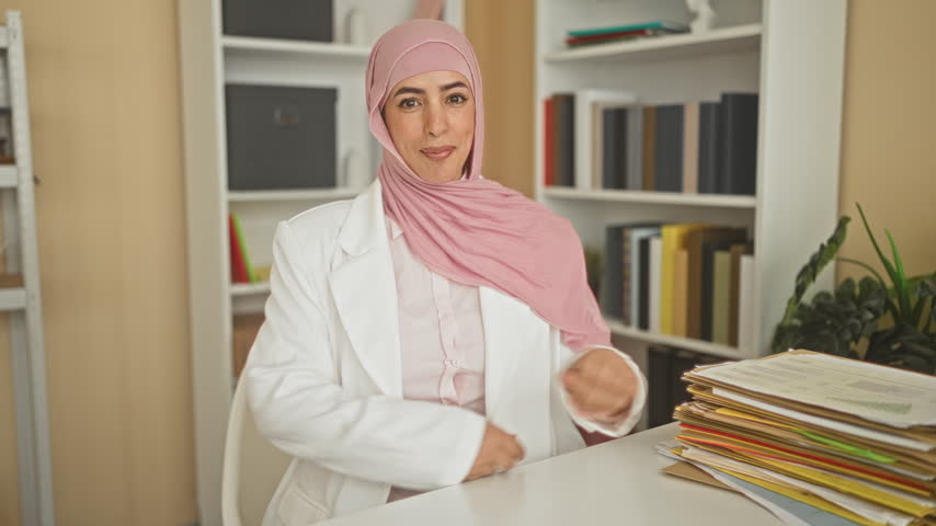Woman wearing pink hijab smiles with arms crossed at office desk beside stack of folders in building; warm confidence.