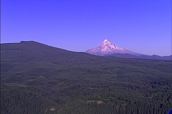 Aerial over Oregon forest, Mount Hood is in the distance in Portland, Oregon.