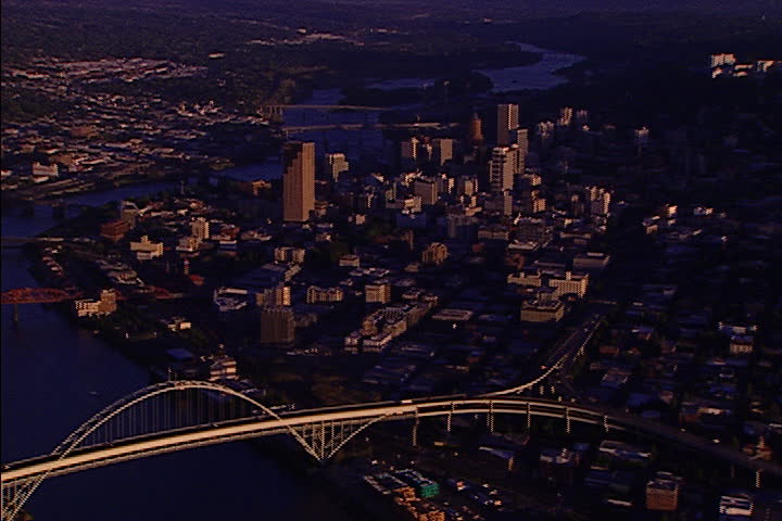 Aerial of downtown Portland and Willamette River in Portland, Oregon
