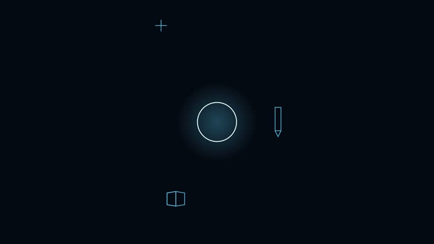Abstract digital motion graphics featuring rotating HUD symbols around a glowing core on a dark background.