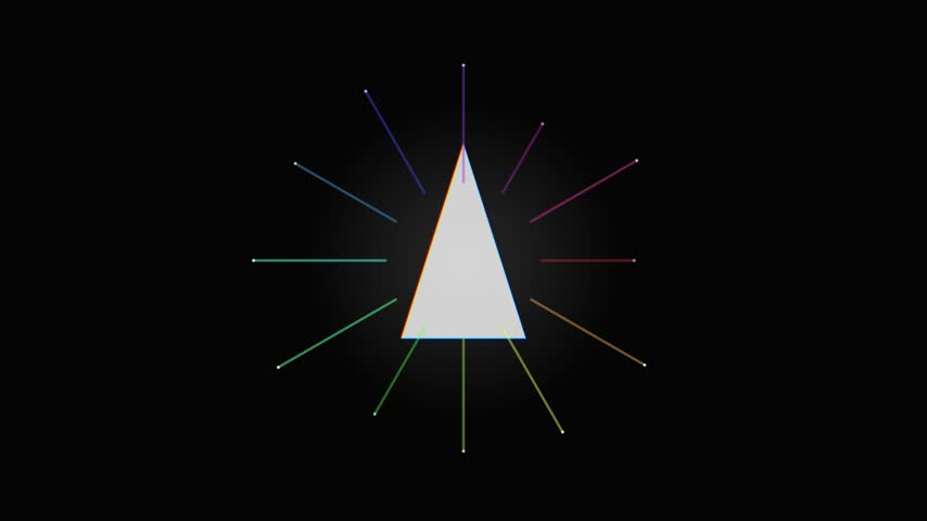An abstract animation featuring a white triangle rotating against a black background with colorful radiating light beams.