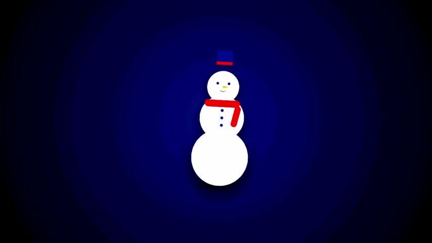 Cute Snowman with Red Scarf and Blue Top Hat Against Dark Background Animation.