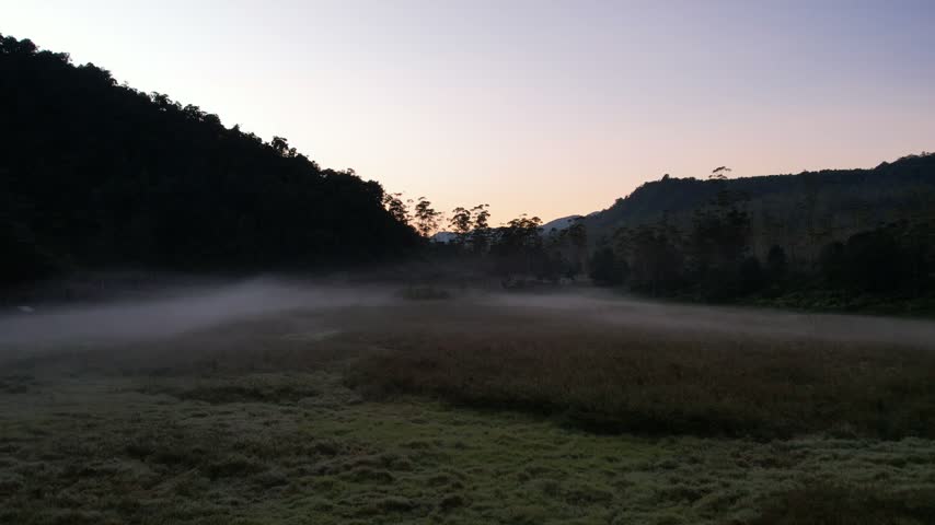 A serene wide shot of low-lying fog rolling through a lush valley surrounded by dark mountain silhouettes under a soft morning sky. Peaceful landscape at sunrise.