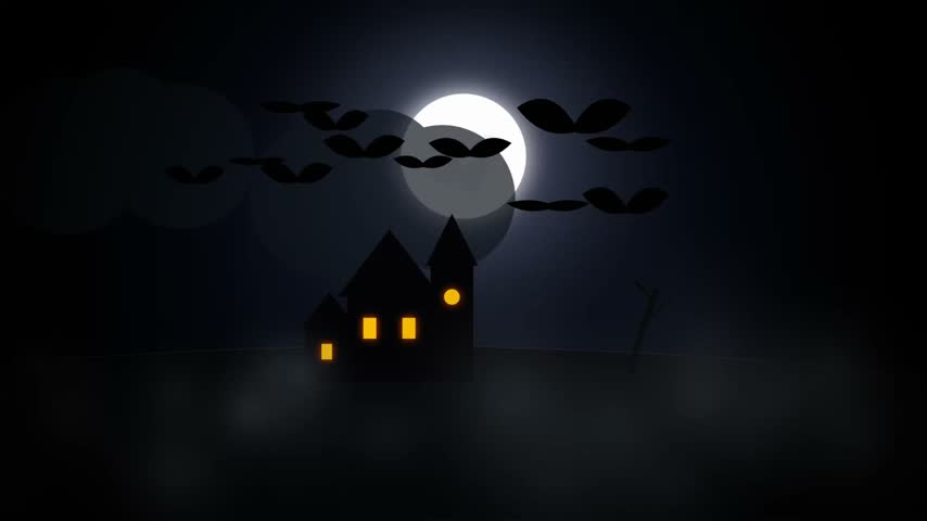Spooky Halloween Night Scene with Haunted House, Full Moon, Bats, Dark Trees and Pumpkin Silhouettes, Scary Horror Autumn Holiday Background Illustration