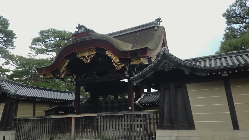 Kenshunmon Gate Ornate Architecture Kyoto Imperial Palace Japan Walking POV in Touristic Japanese Historic Destination