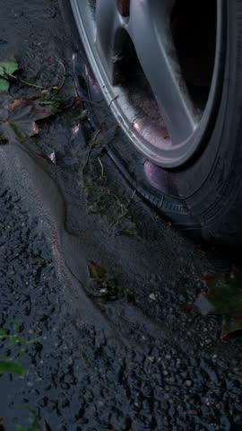 Close-up vehicle wheel and tire pressed into wet mud beside fallen leaves and debris