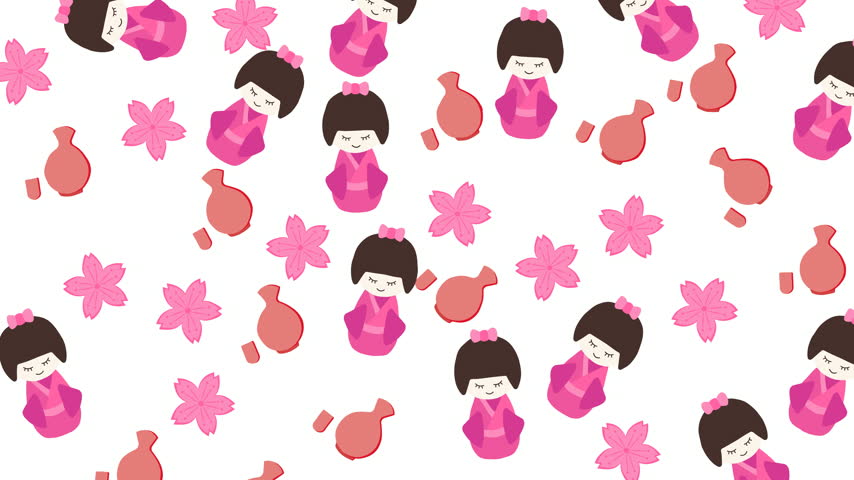 Japanese Kokeshi Doll and Sakura Flower Pattern Background Illustration