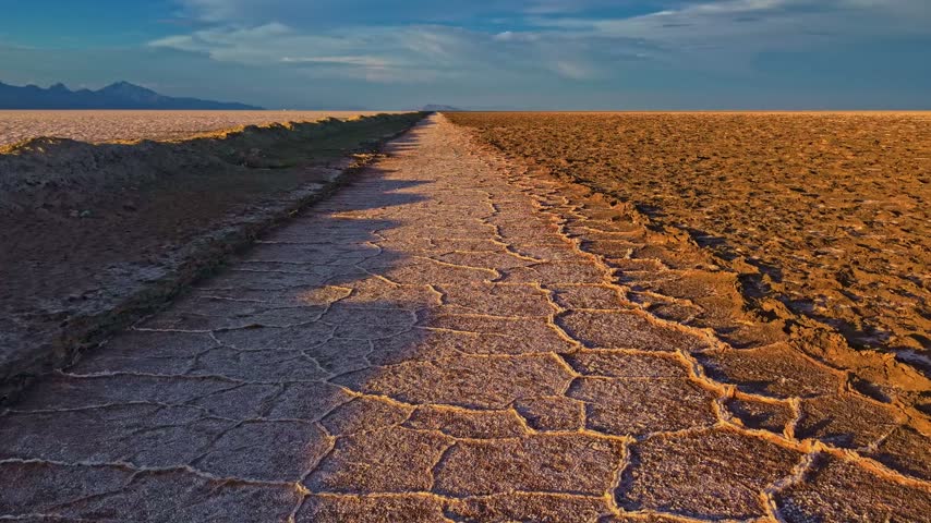 An earthen ridge cuts across the white mineral crust and golden evaporite beds of Bonneville Salt Flats Utah