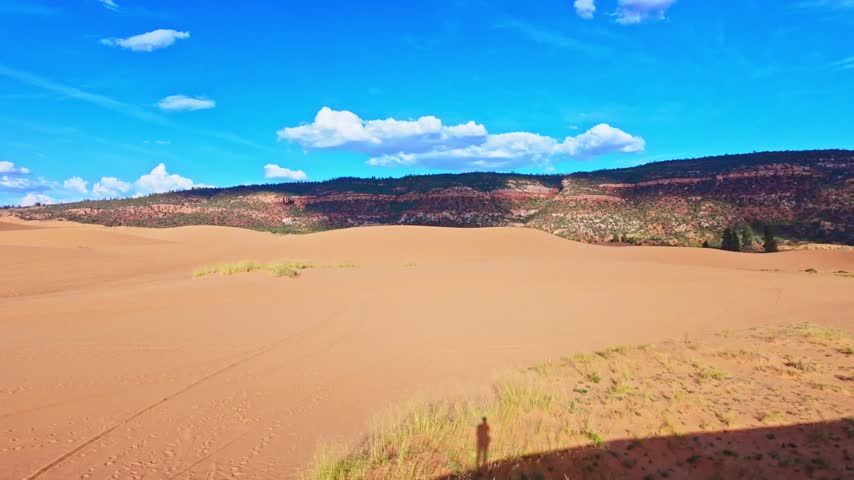 Golden sunset light bathes sweeping reddish sand ridges and desert terrain from atop a massive dune in Coral Pink Sand Dunes State Park