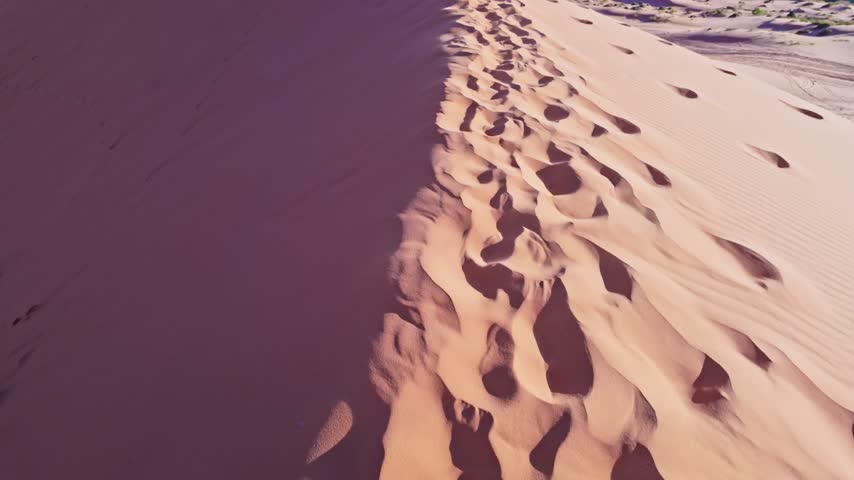 Golden sunset light bathes sweeping reddish sand ridges and desert terrain from atop a massive dune in Coral Pink Sand Dunes State Park