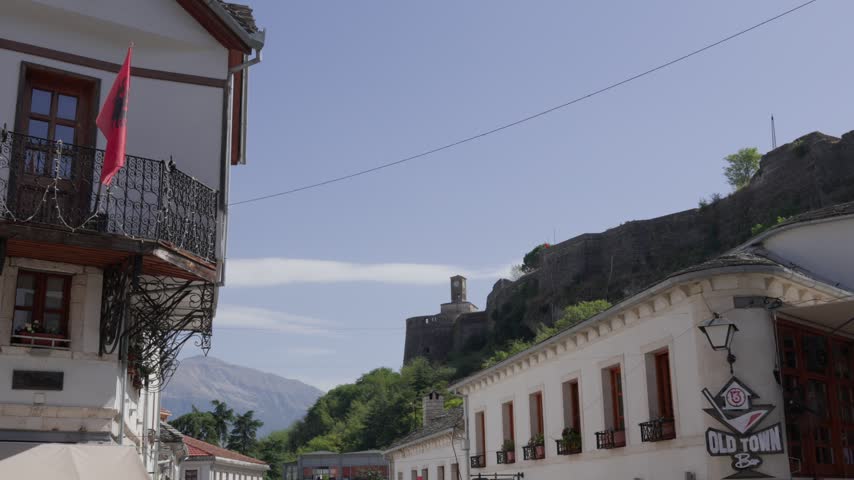 Historic Old Bazaar and the clock tower of the castle in Gjirokastër, Albania
