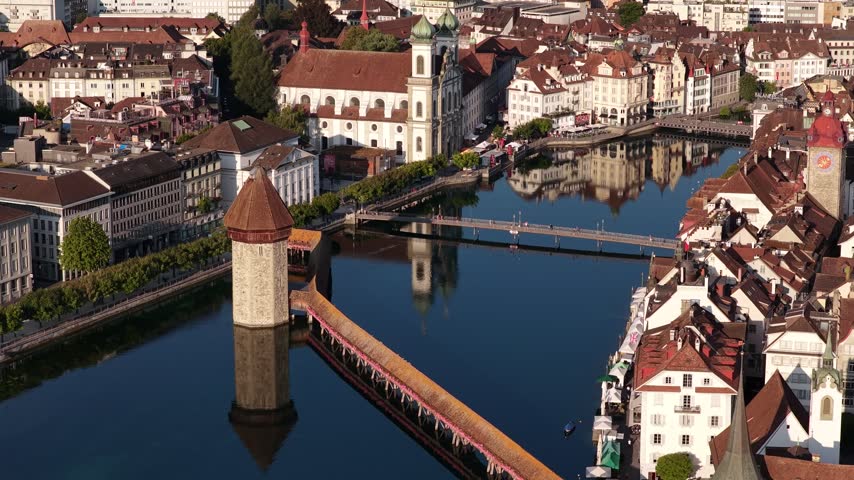 Reuss river Lucerne central Switzerland edge of Lake Lucerne aerial drone landscape