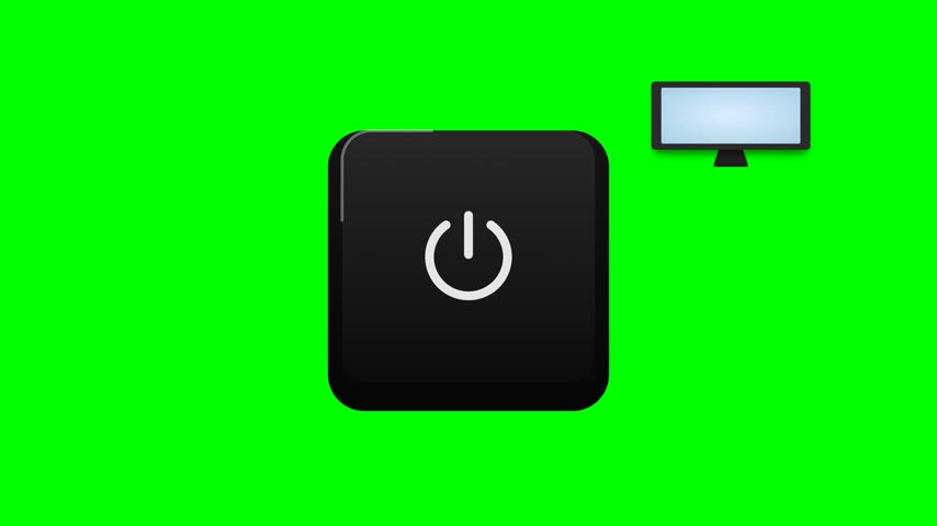 A large black shut down power button keyboard key animation shown pressing down on a clean solid green chroma key background