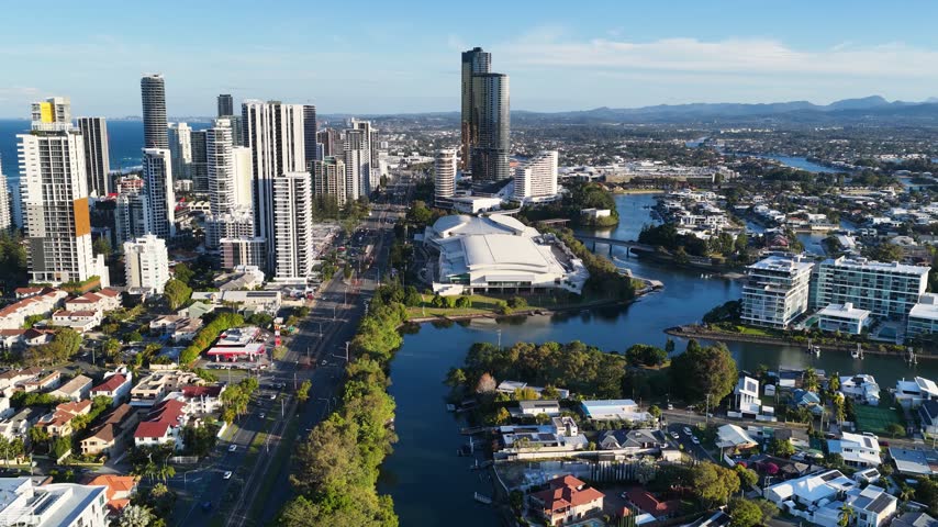 High-angle drone shot of skyscrapers and waterways in Surfers Paradise, Gold Coast, Australia.