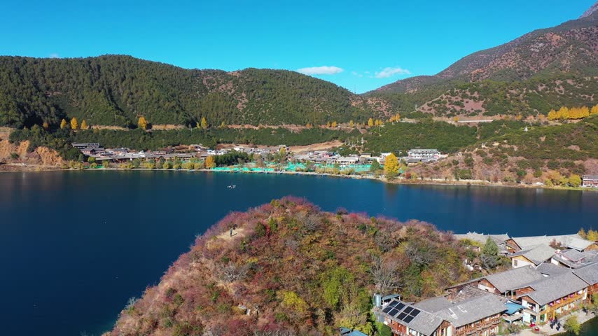 Aerial view of the lake and island scenery of Lugu Lake, Yunnan, China
