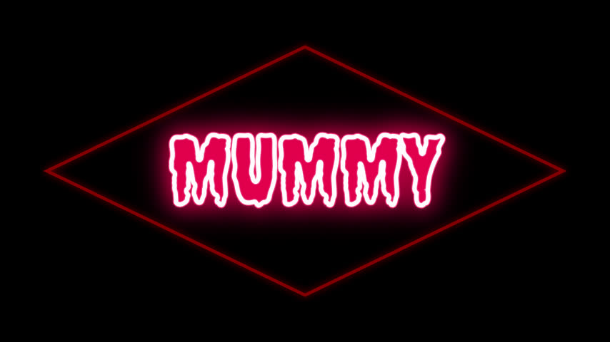 Neon pink text sign saying mummy inside a red diamond frame on a overlay Transparent background perfect for halloween celebrations and horror themes