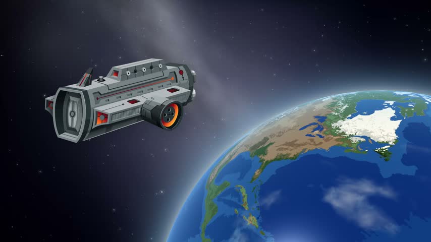 Animated cargo spaceship floats in orbit above rotating Earth with moon passing behind.