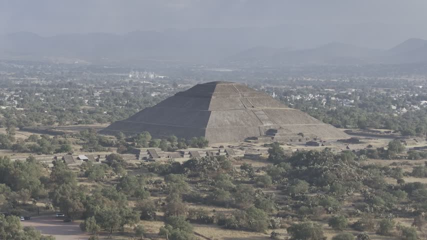 Aerial view of the Sun and Moon Pyramid in the ancient city of Teotihuacan, Mexico