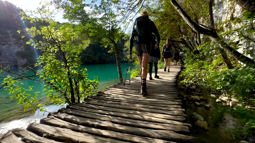 Family follows a wooden path beside a turquoise lake in a lush protected forest.