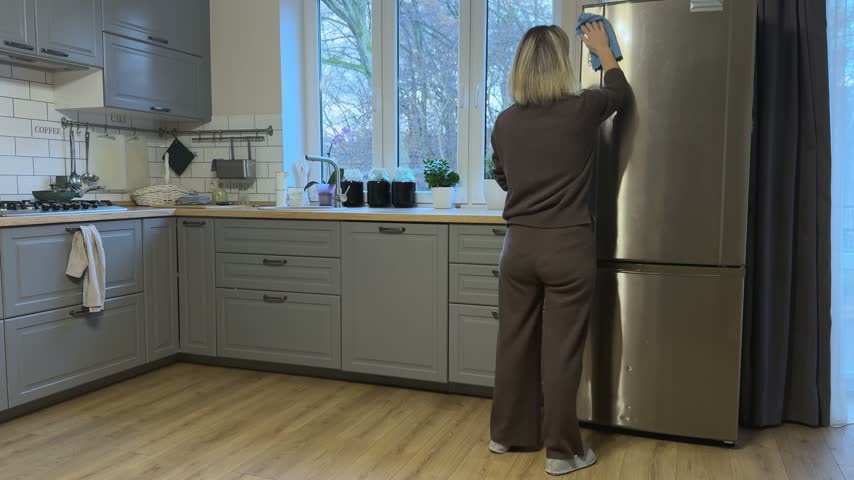 Woman wiping upper refrigerator door with blue cloth in modern kitchen. Everyday cleaning routine and home hygiene concept.