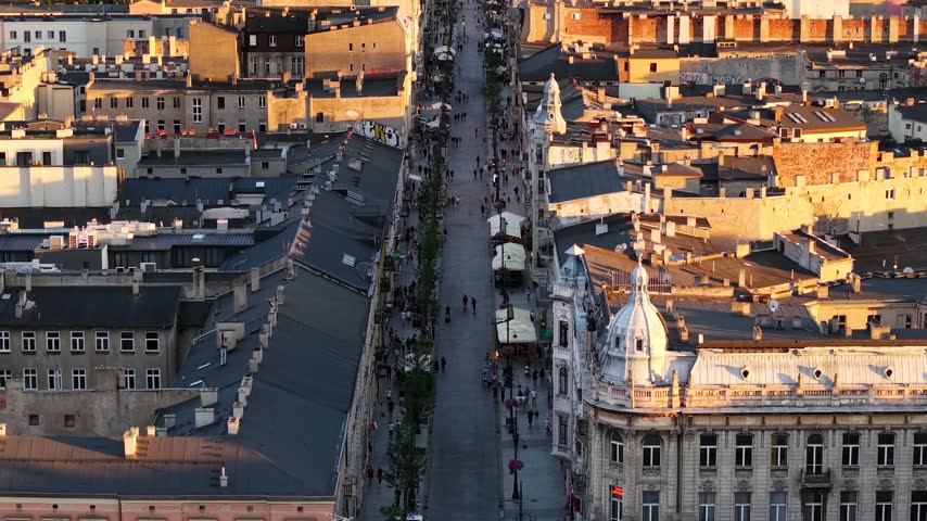 Aerial view of Piotrkowska Street at sunset in Lodz, Poland