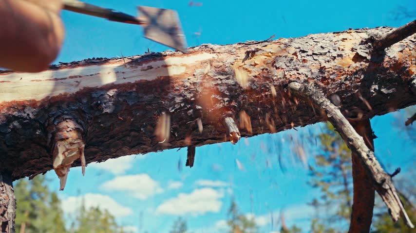 Man manually removing bark from a fallen tree trunk during outdoor forest work, exposing the wood underneath