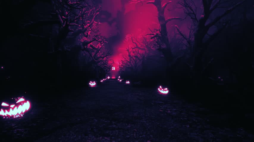 Spooky Halloween Forest Path Leading to Haunted House Animation