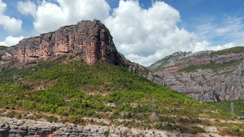 Aerial panorama of Congost de Collegats canyon with Noguera Pallaresa river and mountain road tunnels, Catalonia, Spain