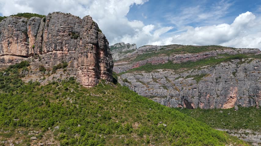Aerial panorama of Congost de Collegats canyon with Noguera Pallaresa river and mountain road tunnels, Catalonia, Spain