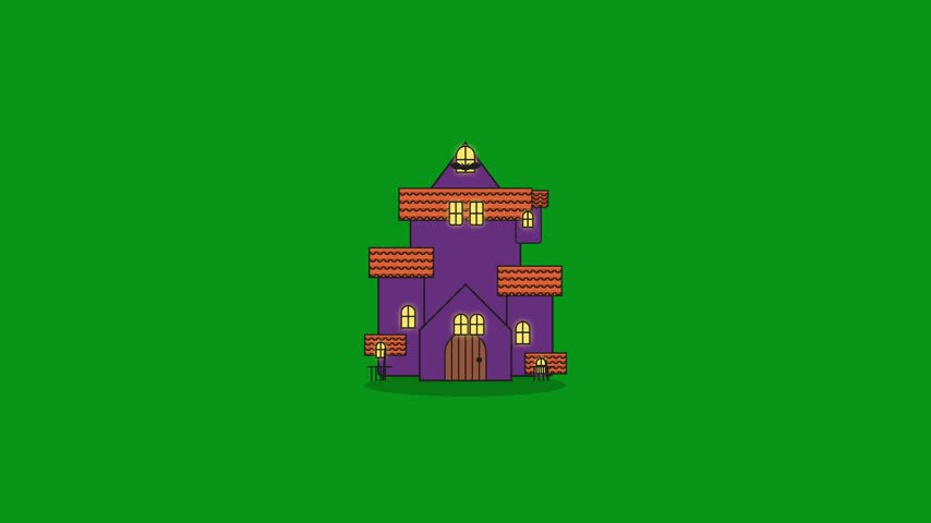 Cartoon haunted house animation with flying bat on green screen background