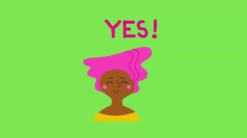 Happy Woman Nodding with Pink Hair and YES Text Motion Graphic on Green Screen Background.