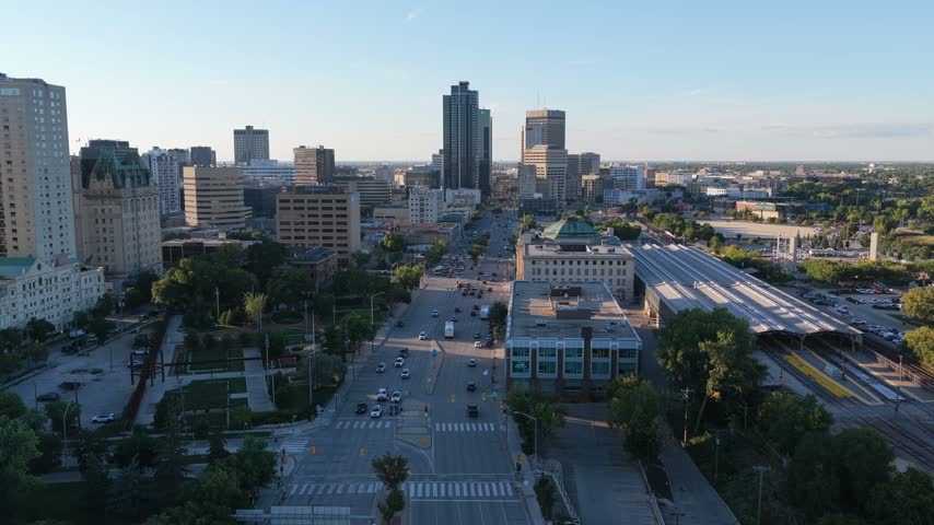 Main Street, Winnipeg, Manitoba, Canada, aerial drone view with Portage and Main in the distance.