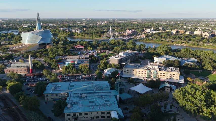 The Forks, Winnipeg, gorgeous aerial panorama of downtown with the Esplanade Riel and Museum of Human Rights.
