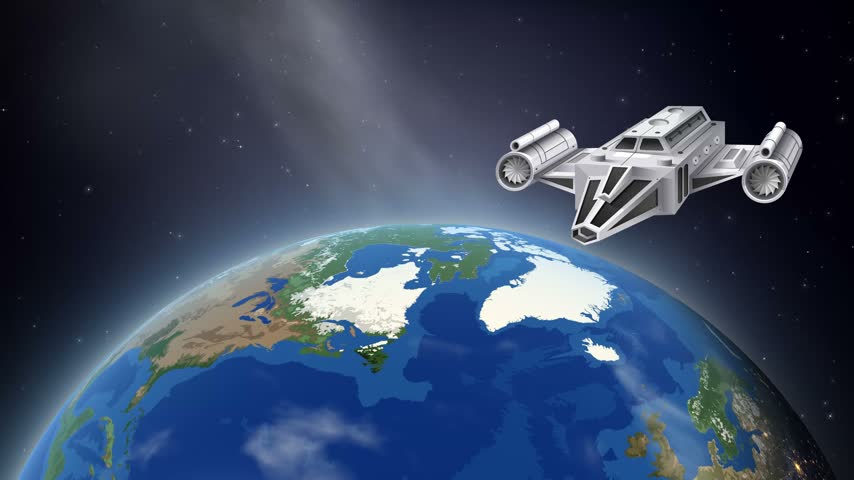 A stylized 2D spaceship floats in orbit above a rotating Earth with the moon appearing.